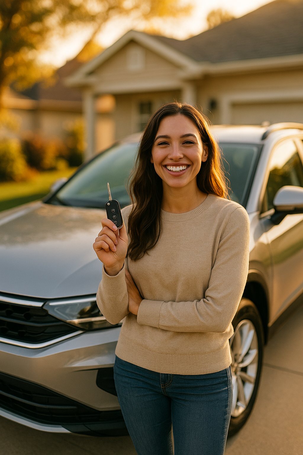 Happy customer holding the keys to her new car